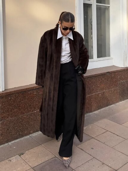 Brown Lace Up Faux Fur Coat Women Fashion Casual Full Sleeve Fluffy Loose Striped Long Coats Lady Winter Daily Street Jacket