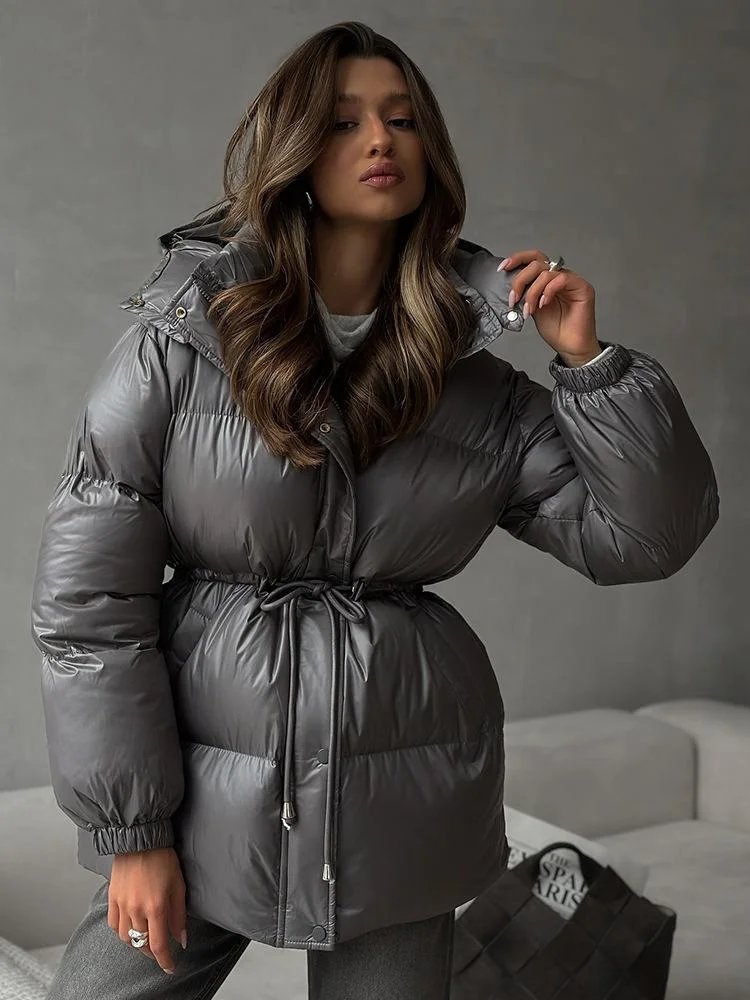 Casual Waist-cinching Thicken Cotton Coat Women Fashion Hooded Zipper Lace Up Long Sleeve Coats 2025 Winter Warm Lady Outerwears Casual Waist-cinching Thicken Cotton Coat Women Fashion Hooded Zipper Lace Up Long Sleeve Coats 2025 Winter Warm Lady Outerwears