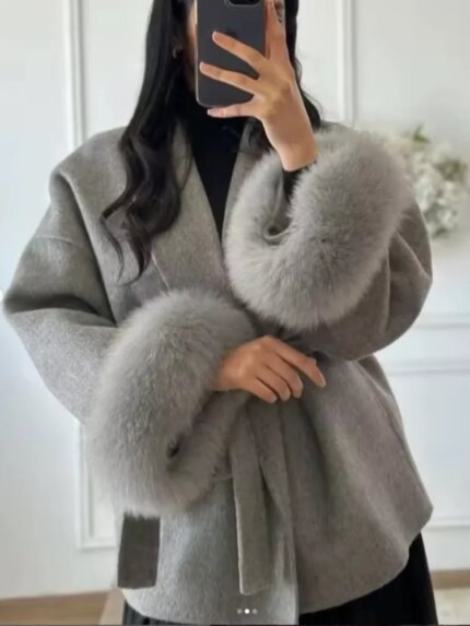 Elegant Lace Up Woolen Short Coat Solid Loose Lapel Furry Belt Long Sleeve Female Jacket 2025 Autumn Winter Lady Chic Cardigan