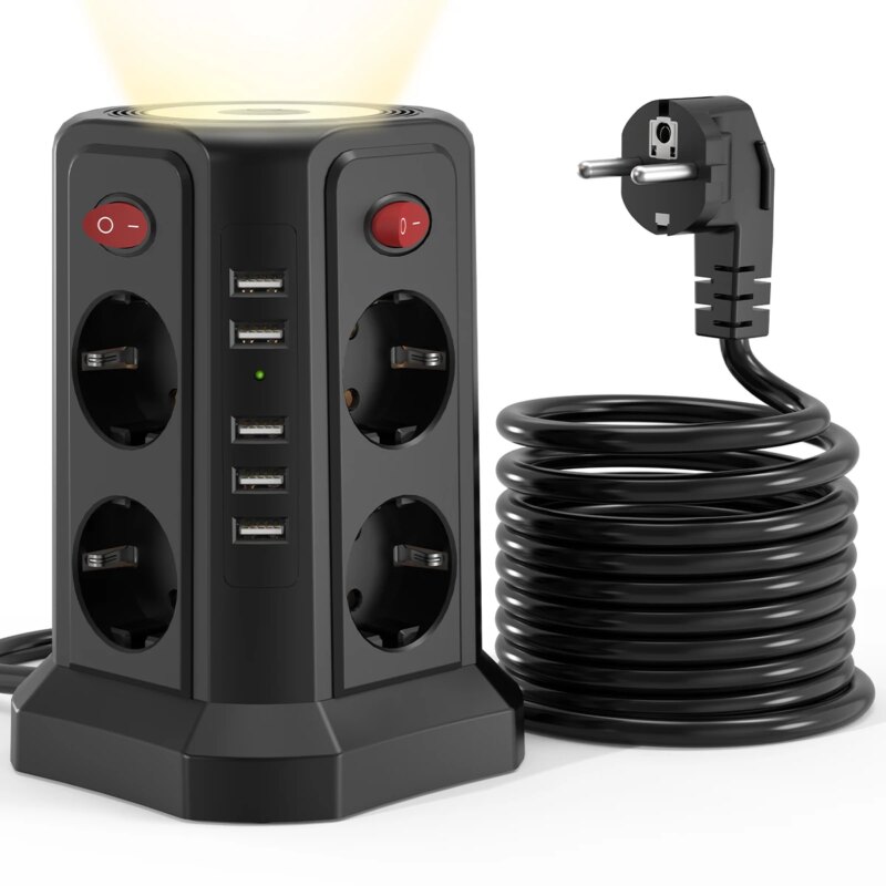 EU 8-Position Multifunctional Socket Tower with 5 USB Ports, Independent Control Switch Design for Home Office Plug-in Boards