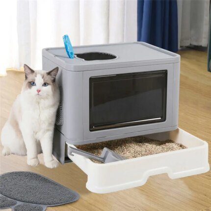 Foldable Cat Litter Box Front Entry and Top Exit Toilet Boxes with Massager Litter Scoop Enclosed Foldable Kitty Toilet