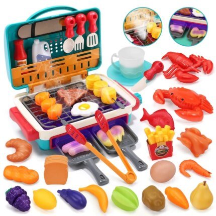 Kids BBQ Grill Toy Barbecue Kitchen Cooking Playset with Realistic Spray Light Sound Color Changing Play Food and Dishes