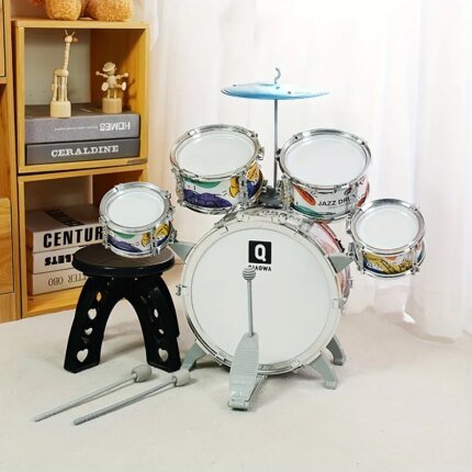 Kids Drum Set Toddler Jazz Drum Kit Toys with Stool Pedal Percussion Musical Instruments Drum Toy Early Education Gift for Boys