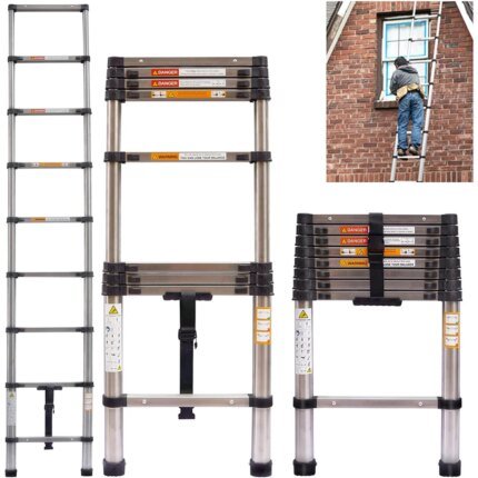 Ladders Extendable Telescopic 5M Heavy Duty Multi Purpose Straight Loft Ladder Portable Folding Stainless Steel Ladder Tool
