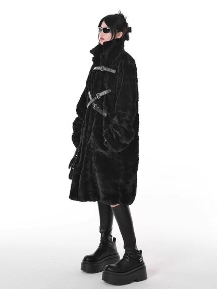 Lautaro Winter Cool Long Loose Casual Soft Thick Warm Black Fuzzy Faux Fur Coat Women Stand Collar Punk Style Fluffy Jacket