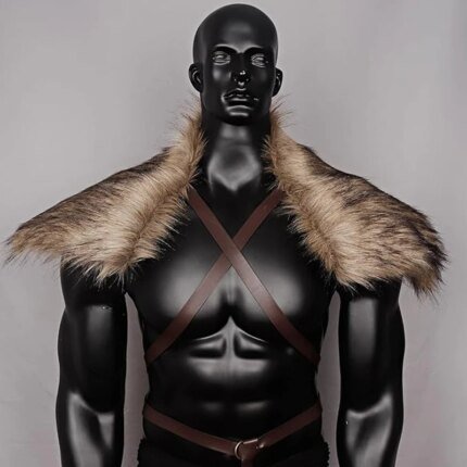 Man Medieval Faux Fur Cape Shoulder Cloak With Chest Strap Faux Fur Collar Retro Viking Fur Cape Halloween Cosplay Costume