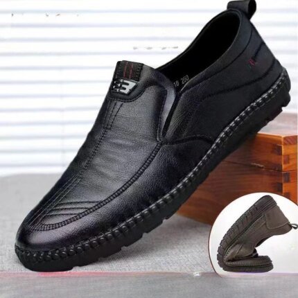 Mens Leather Loafers Non Slip Walking Flats Breathable Outdoor Slip on Casual Shoes for Male Work Office Driving Sneakers