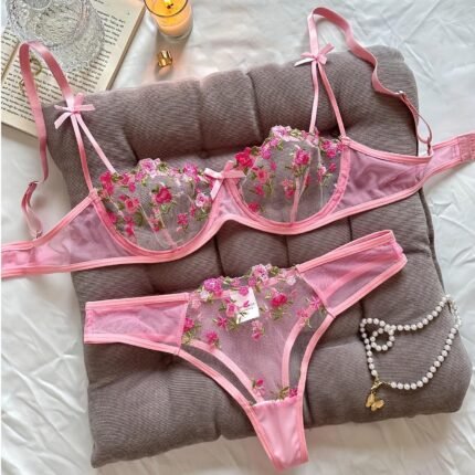 Night Beautiful Sexy Women 2 Piece floral Embroidery Underwear Sexy Erotic lingerie underwear Set