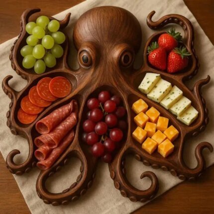 Octopus Food Tray Wooden Fruit Serving Pan Cheese Platter Dessert Storge Bowl Partition Food Classification Decorative Tray