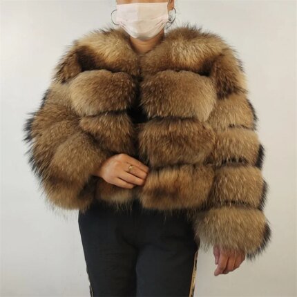 Real Raccoon Fur Coat Women Winter Long Sleeve Natural Luxury Jackets Thick Top