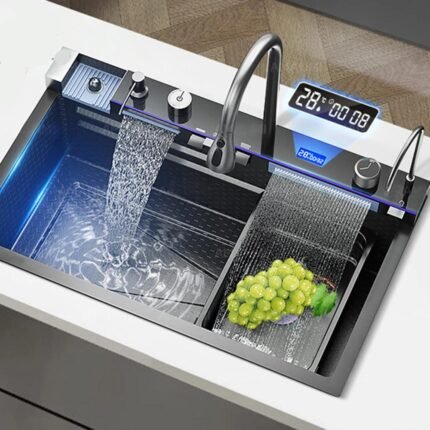 Stainless Steel Waterfall Kitchen Sink Large Single Slot Integrated Digital Display Faucet Set Soap Dispenser Cup Washer