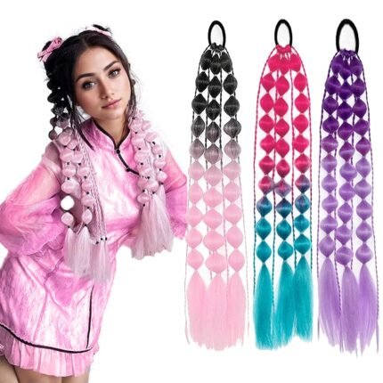 Synthetic Ponytail Extension Corlorful Bubble Braid Long Lantern Braided Ponytail with Hair Tie Straight Hairpieces