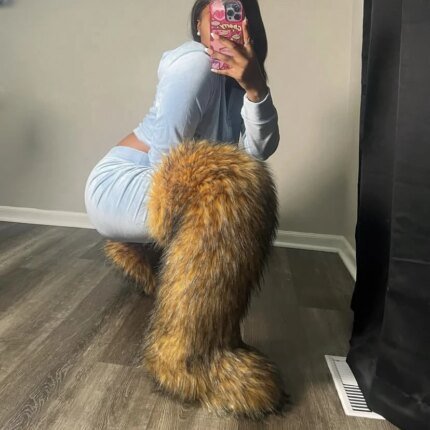 Thigh High Fluffy Boots Ladies Women Winter Furry Faux Fox Fur Long Warm Shoes girls New Designer Plush Knee High Fur Boots