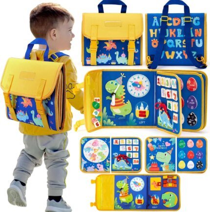 Toddler Busy Board Montessori Toys Learning Educational Activities Travel Toy Dinosaur Dress up Sensory Life Skill Backpack