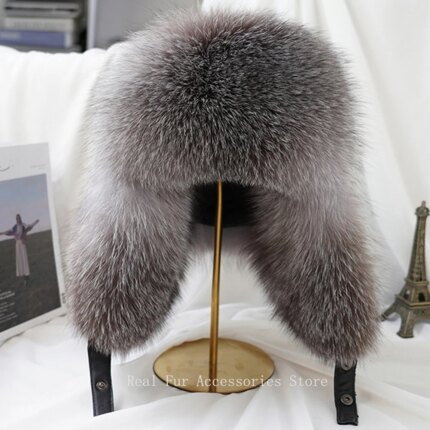 Winter 100% Real Silver Fox Fur Bomber Hat Raccoon Fur Ushanka Cap Trapper Russian Ski Hats Caps Real Leather
