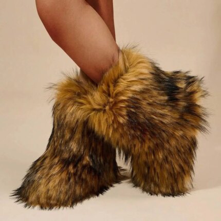 Winter Faux Fur Lining Warm Casual Snow Boots, Fashion Mid-Calf Boots For Women, Christmas Vibe