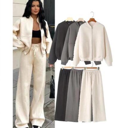Women Sweatsuit Set Vintage O-neck Zipper Bomber Jackets High Waist Loose Pants Suit Female 2025 Spring Fashion Lady Sportswear