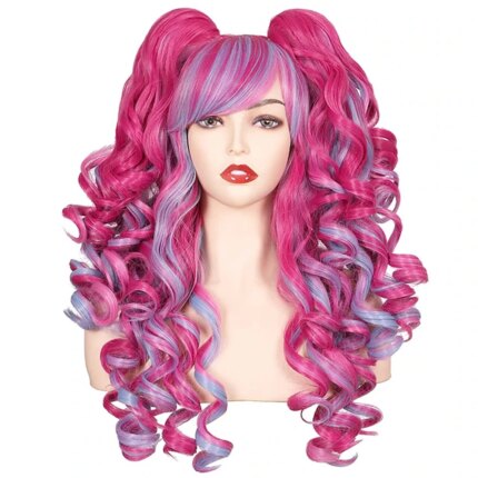 Women Synthetic Hair Long Curly Cosplay Wig Halloween Wigs for Party with 2 Ponytails