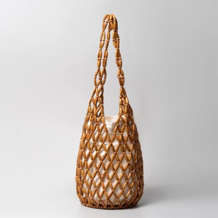 Women Woven Hand Bag Summer Design Hollow-Out Wooden Bead Tote Bucket Shoulder Bag Female Reticulate Netted Canvas Beach Handbag