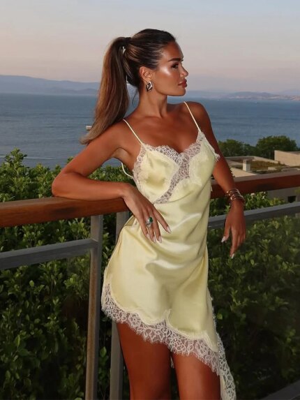 Yellow Satin Lace Splicing Sling Dress Women Elegant Irregular Hem V Neck Backless Sleeveless Gown Chic Women Party Club Vestido