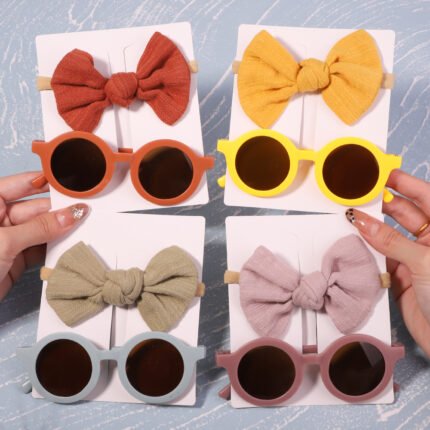 2Pcs Vintage Kids Summer Bows Headband Round Sunglasses Children Sun Glasses Protection Glasses Baby Hair Accessories