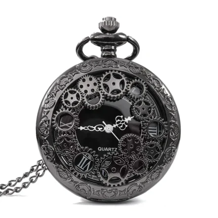 Steampunk Copper Vintage Hollow Gear Hollow Quartz Pocket Watch Necklace Pendant Clock Chain