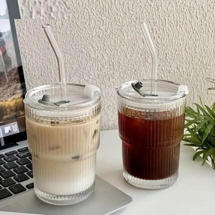 Glass Tumbler With Lid And Straw 450ml Stripe Glass Cup Transparent Cup Drinkware