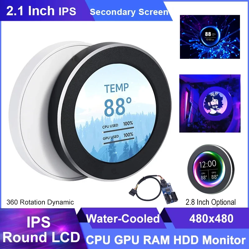 2.1 Inch IPS Secondary Screen 480×480 USB Water-Cooled Round LCD CPU GPU RAM HDD Monitoring Freely AIDA64 MINI PC Gamer Display - Image 2