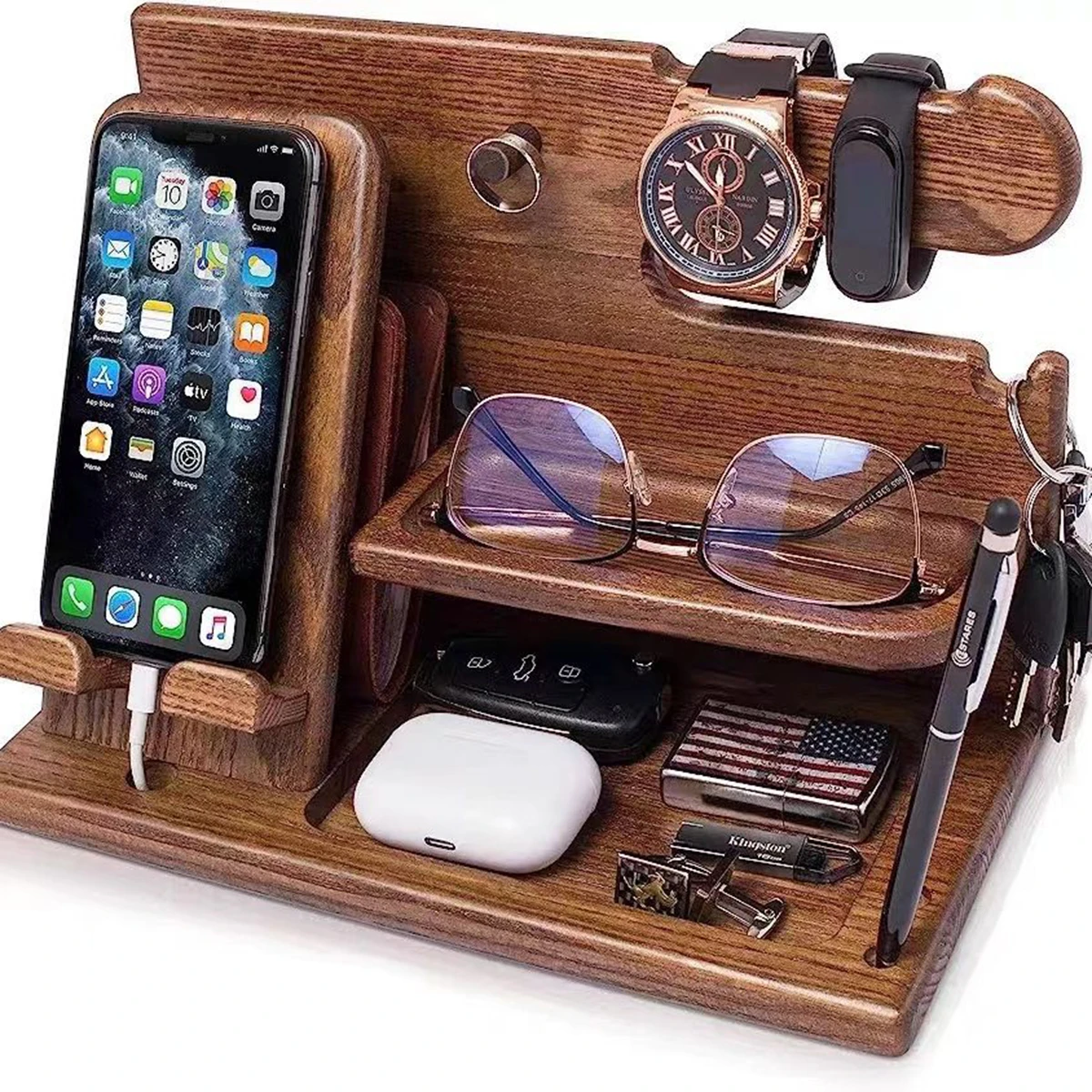 Multi-functional Wooden For the Phone, Glasses, Watches, Keys, and other items Extension Base Father’s Gift Bedside Table Desktop Organizer Storage Rack Mobile Phone Holder