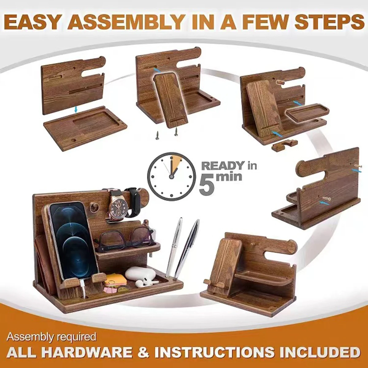 Multi-functional Wooden For the Phone, Glasses, Watches, Keys, and other items Extension Base Father’s Gift Bedside Table Desktop Organizer Storage Rack Mobile Phone Holder - Image 6