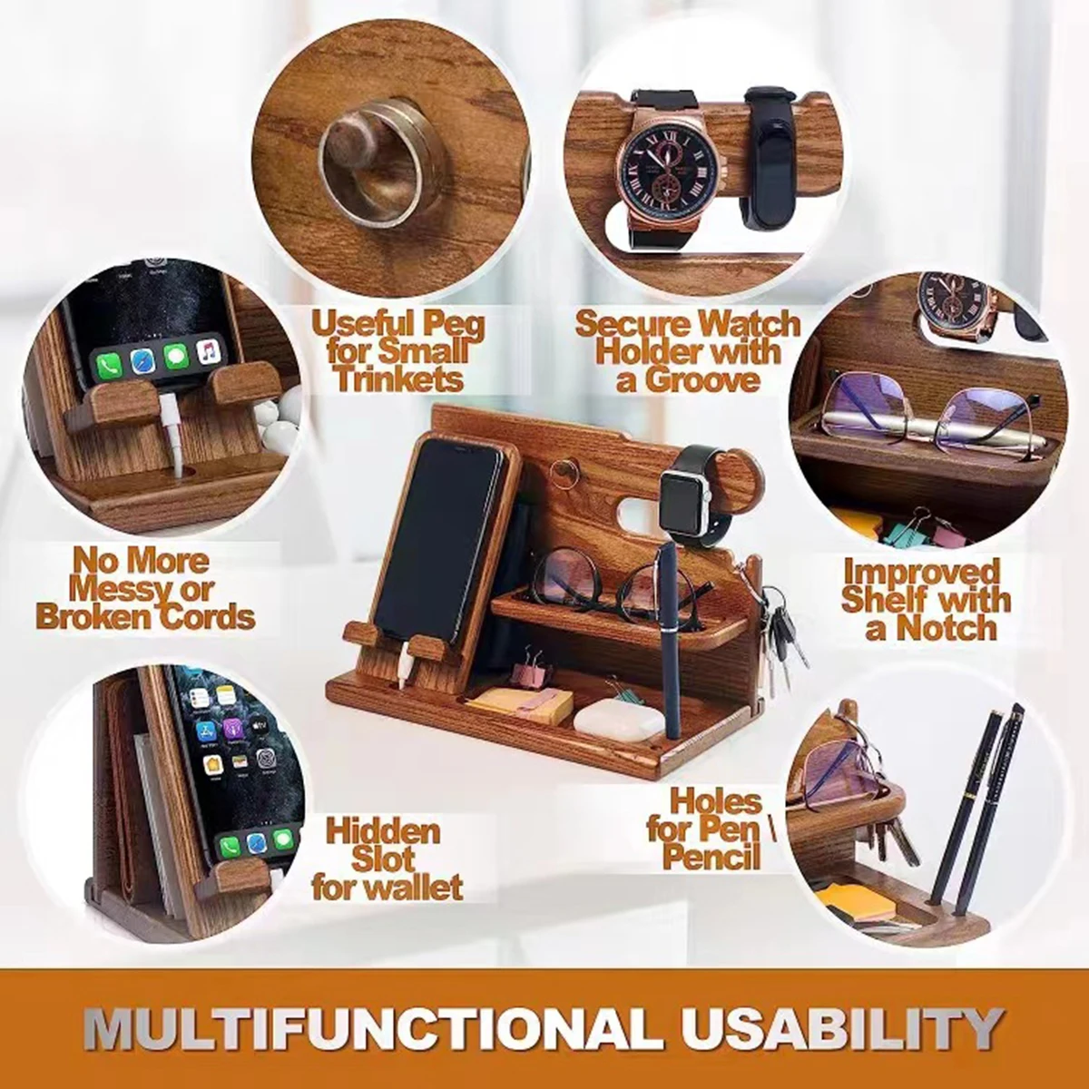 Multi-functional Wooden For the Phone, Glasses, Watches, Keys, and other items Extension Base Father’s Gift Bedside Table Desktop Organizer Storage Rack Mobile Phone Holder - Image 5