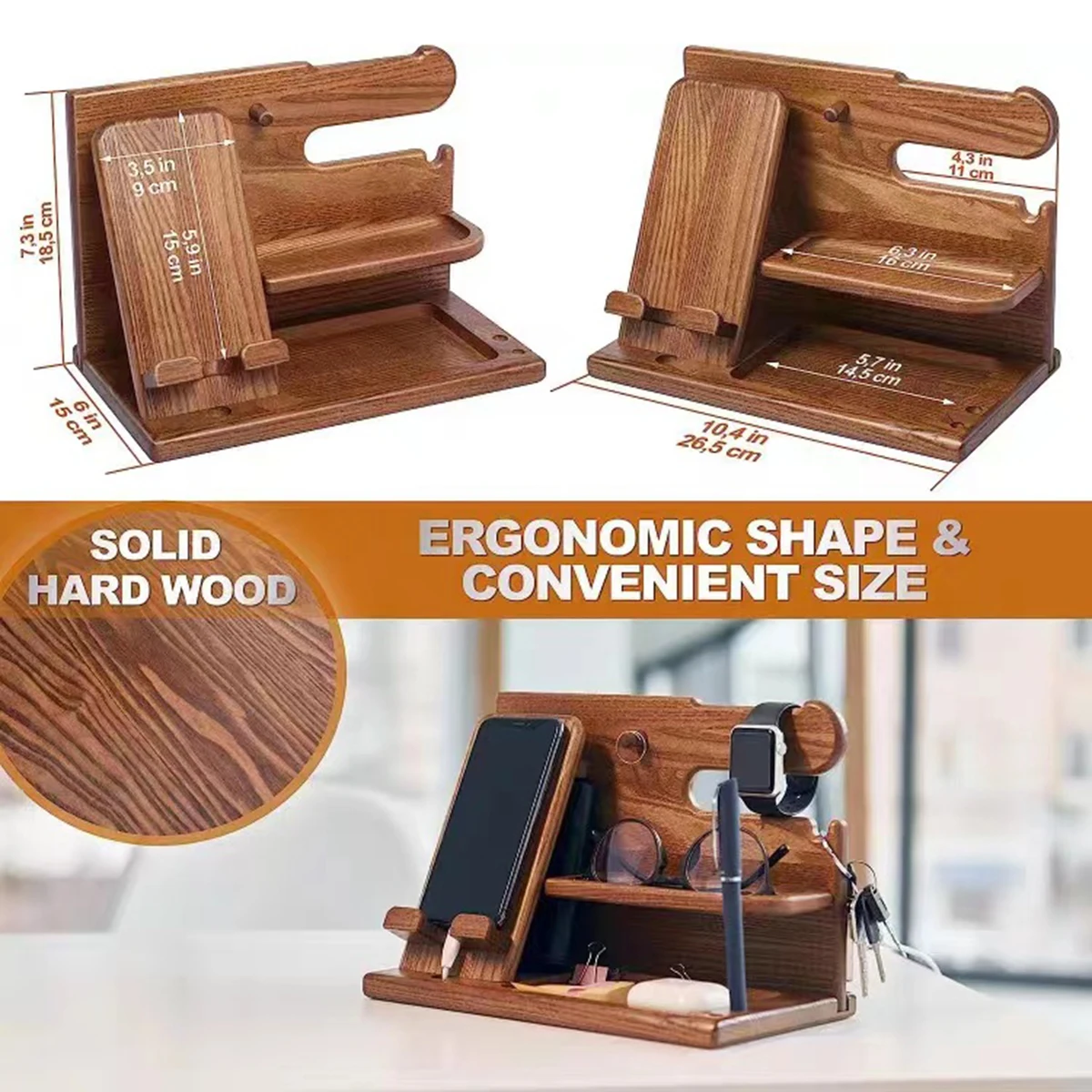 Multi-functional Wooden For the Phone, Glasses, Watches, Keys, and other items Extension Base Father’s Gift Bedside Table Desktop Organizer Storage Rack Mobile Phone Holder - Image 7