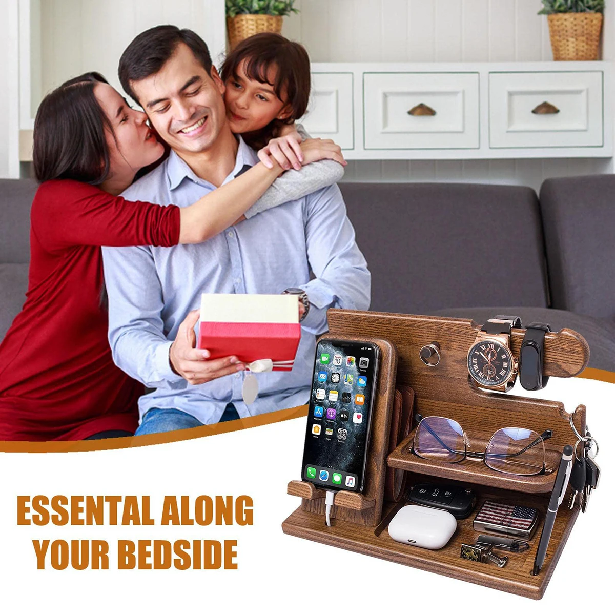 Multi-functional Wooden For the Phone, Glasses, Watches, Keys, and other items Extension Base Father’s Gift Bedside Table Desktop Organizer Storage Rack Mobile Phone Holder - Image 3