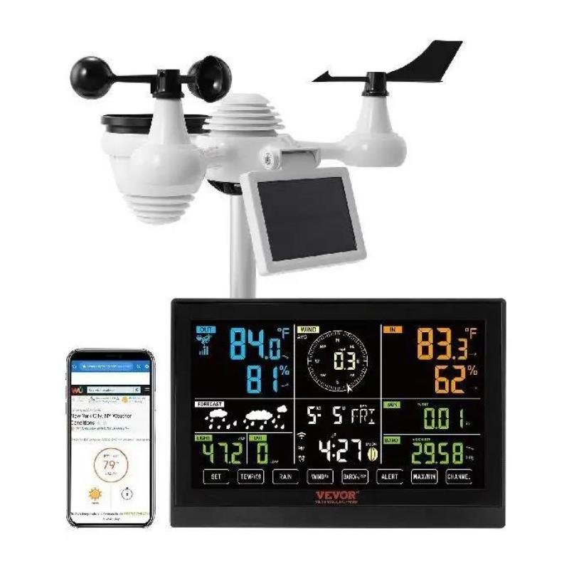 Wi-Fi Remote Controlled Weather Station 7.5 Inch Color Display 150 Meter Transmission Distance 7-in-1 Sensors with Solar Wireless Outdoor Sensor Alarm Alerts for Temperature Humidity