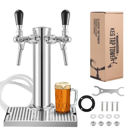 Draft Beer Tower,Dual Faucet Tap Kegerator Tower,3” Dia. Stainless Steel Column Beer Dispenser with Hose,Wrench,Brewing Bar Kit