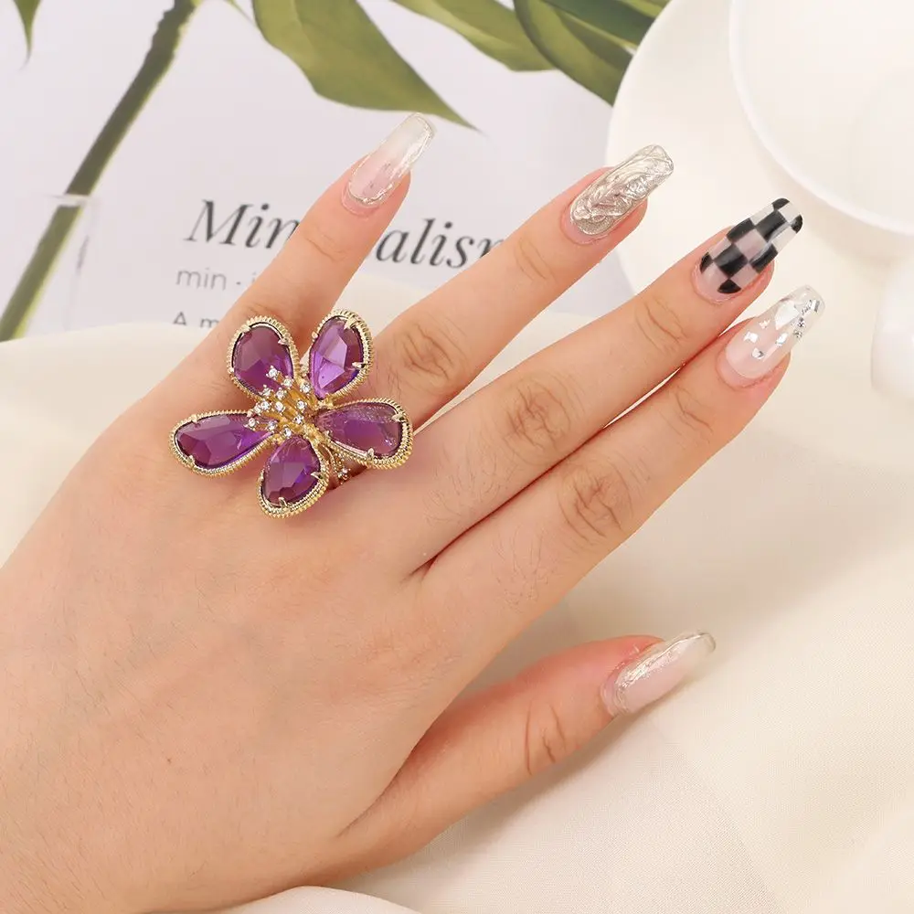 Adjustable Rhinestone Big Flower Ring - Image 4