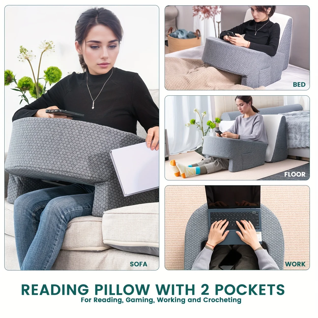 Soft Reading Pillow, Arm Rest Lap Desk Pillow for Gaming,Working, Sitting in Floor Sofa,with Removable and Washable Cover - Image 6