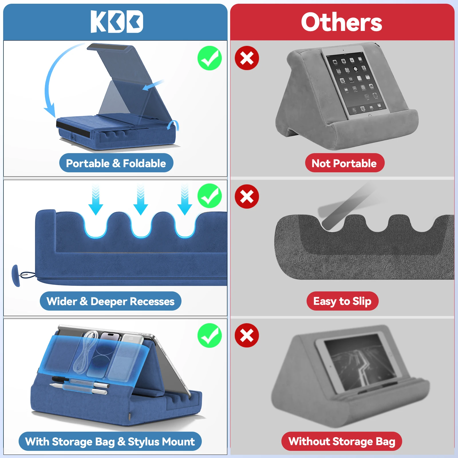 Tablet Pillow Holder Foldable iPad Stand for Lap Bed and Desk Tablet Soft Pad Dock with Pocket & Stylus Mount For iPad Pro - Image 4