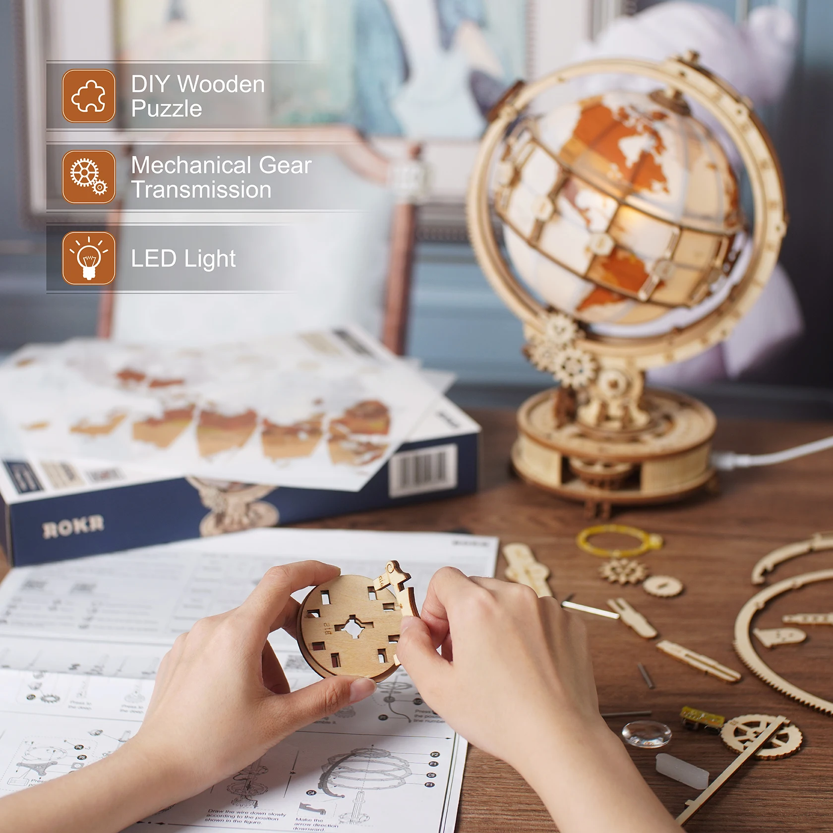 Wooden Globe Lamp 3D Puzzle Games for Birthday Gift for Kids Adults for Home Decor Building Blocks 3D - Image 3