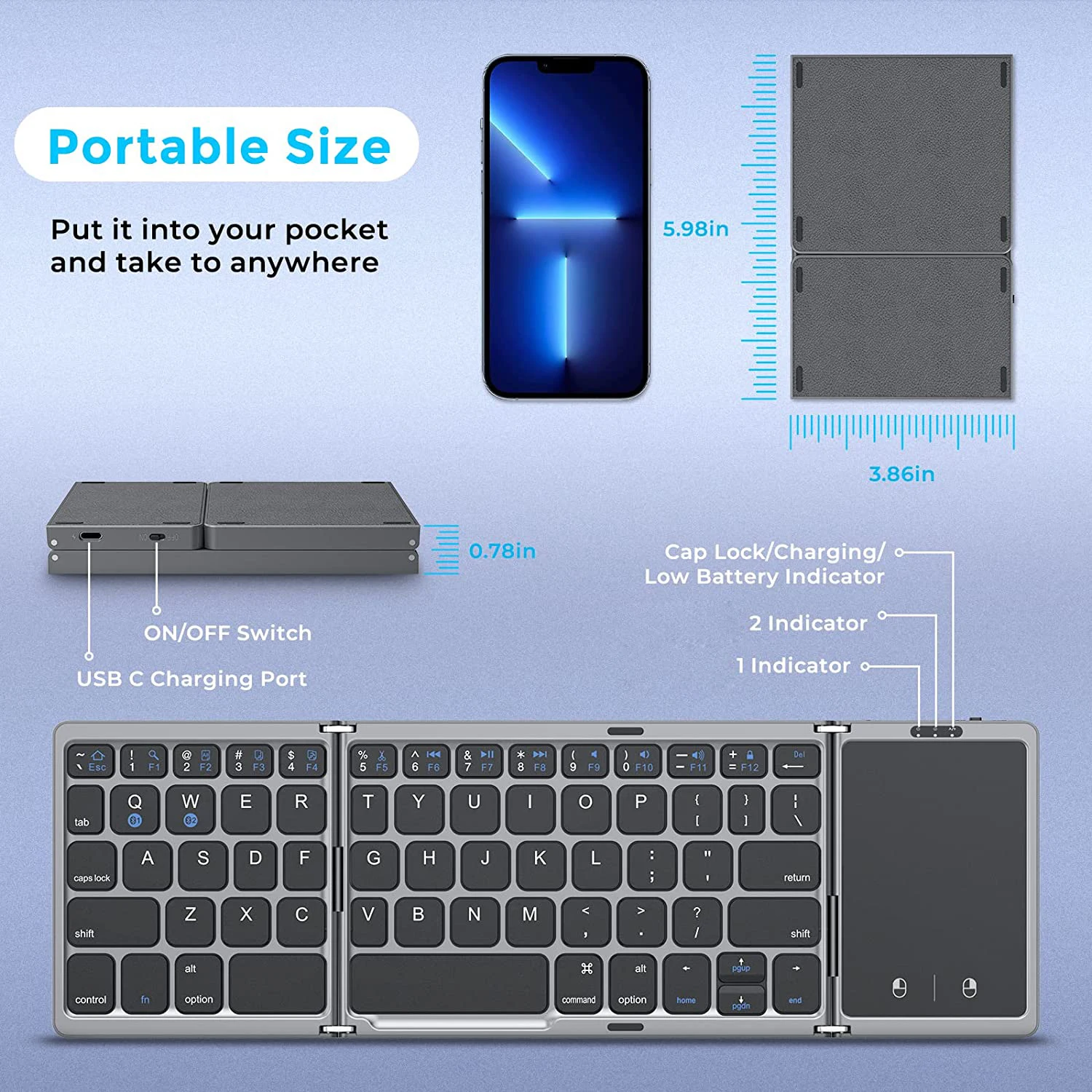 Foldable Wireless Bluetooth Keyboard Rechargeable Folding Portable Keyboards for PC Mac Smartphone Windows iOS Android - Image 6