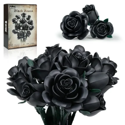 623pcs 12 Black Roses Building Block Set Plant Bouquet High Quality Simulated Roses Flowers Gothic Decoration Valentine’s Day Gift