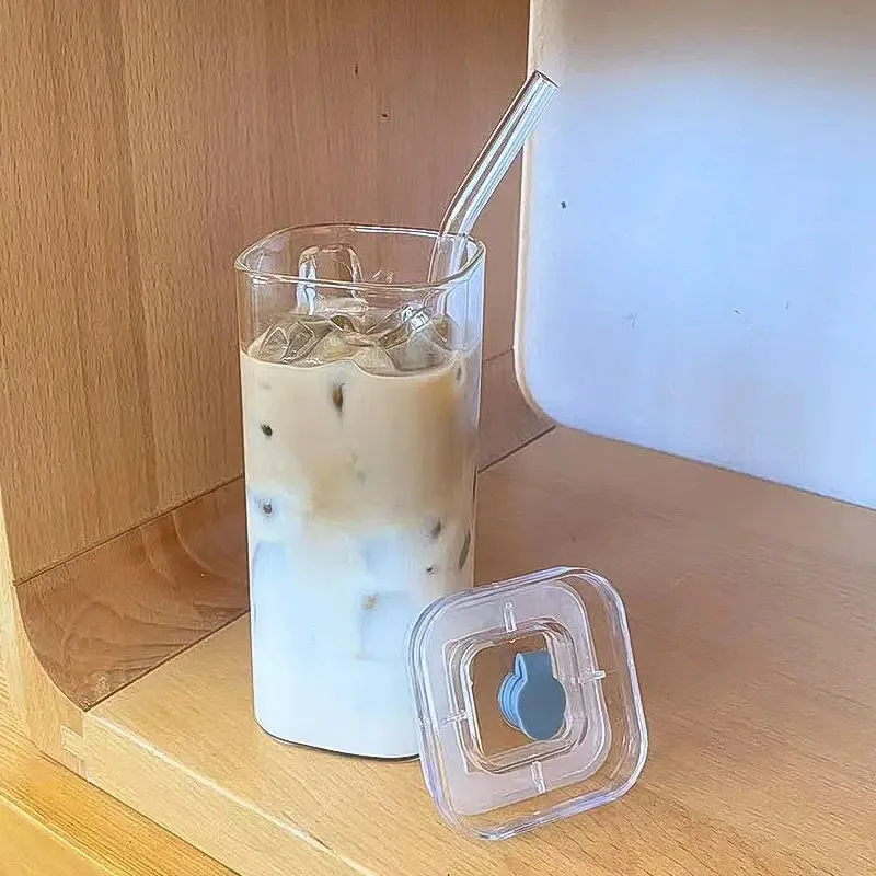 Square Heat Resistant Coffee Glass Cup With Lid and Straw Transparent Milk Tea Juice Cups Coffee Mug For Home Bar Drinkware - Image 4