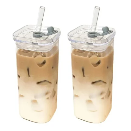 Square Heat Resistant Coffee Glass Cup With Lid and Straw Transparent Milk Tea Juice Cups Coffee Mug For Home Bar Drinkware