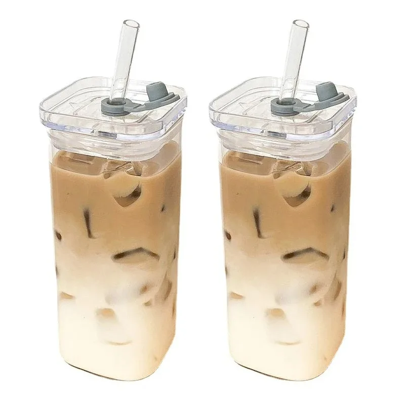 Square Heat Resistant Coffee Glass Cup With Lid and Straw Transparent Milk Tea Juice Cups Coffee Mug For Home Bar Drinkware