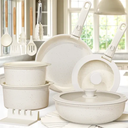 21 Piece Pots and Pans Set Non-Stick, Astercook Ceramic Cookware Set with Sensor Handles, Milky white