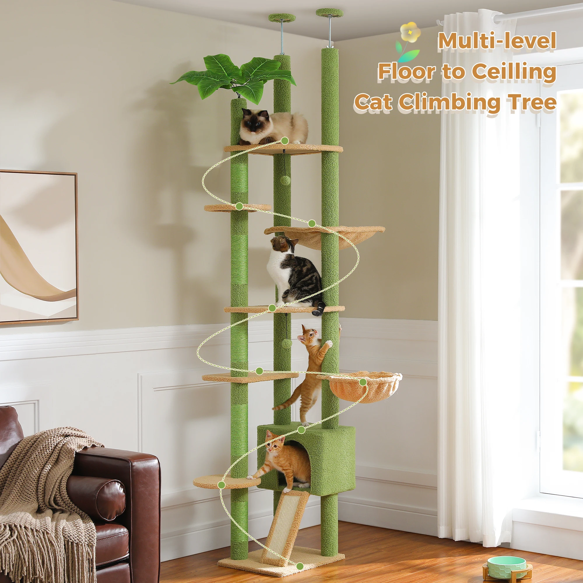 Cactus Cat Tree Floor to Ceiling Cat Tower Adjustable Height with Cat Condo Cozy Hammock and Scratching Post Tall Activity Tree - Image 2