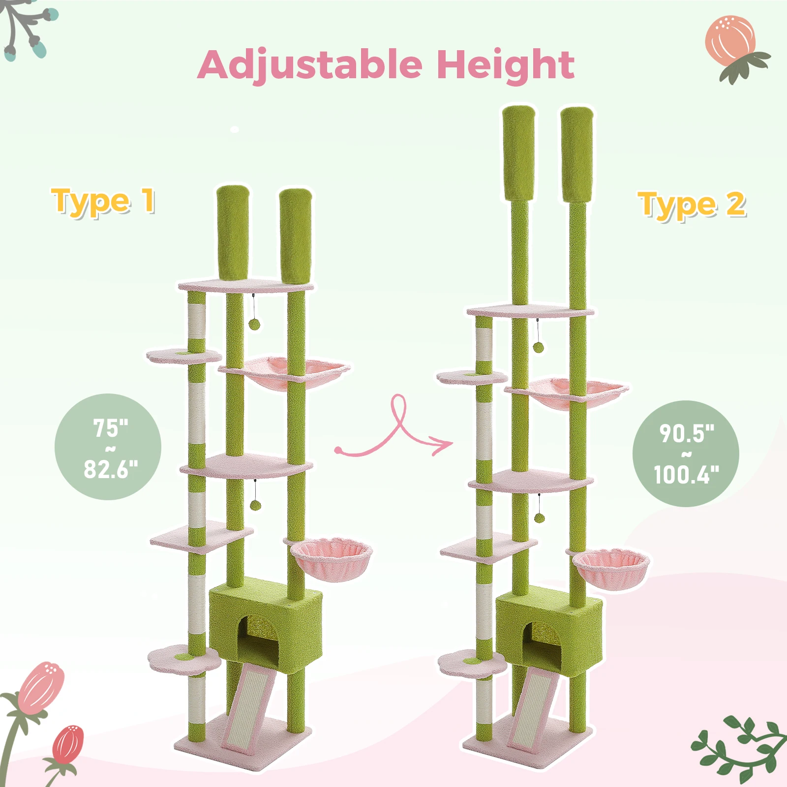 Cactus Cat Tree Floor to Ceiling Cat Tower Adjustable Height with Cat Condo Cozy Hammock and Scratching Post Tall Activity Tree - Image 5