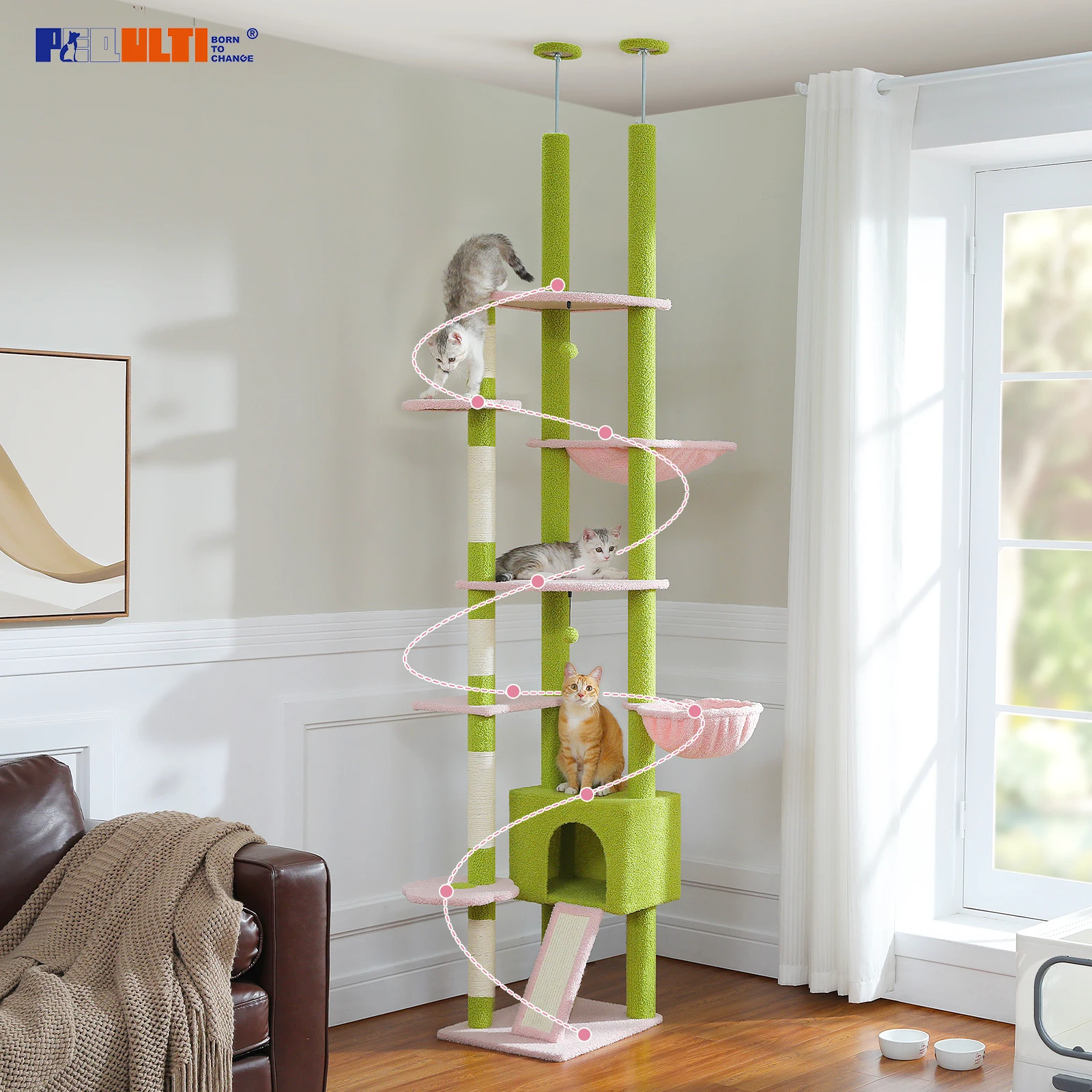 Cactus Cat Tree Floor to Ceiling Cat Tower Adjustable Height with Cat Condo Cozy Hammock and Scratching Post Tall Activity Tree - Image 4