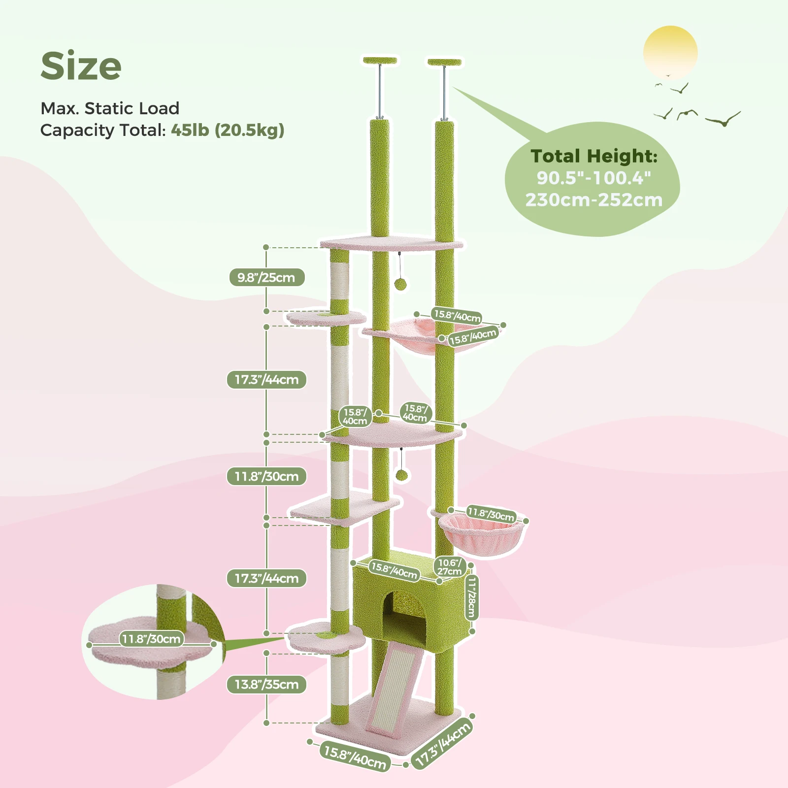 Cactus Cat Tree Floor to Ceiling Cat Tower Adjustable Height with Cat Condo Cozy Hammock and Scratching Post Tall Activity Tree - Image 6