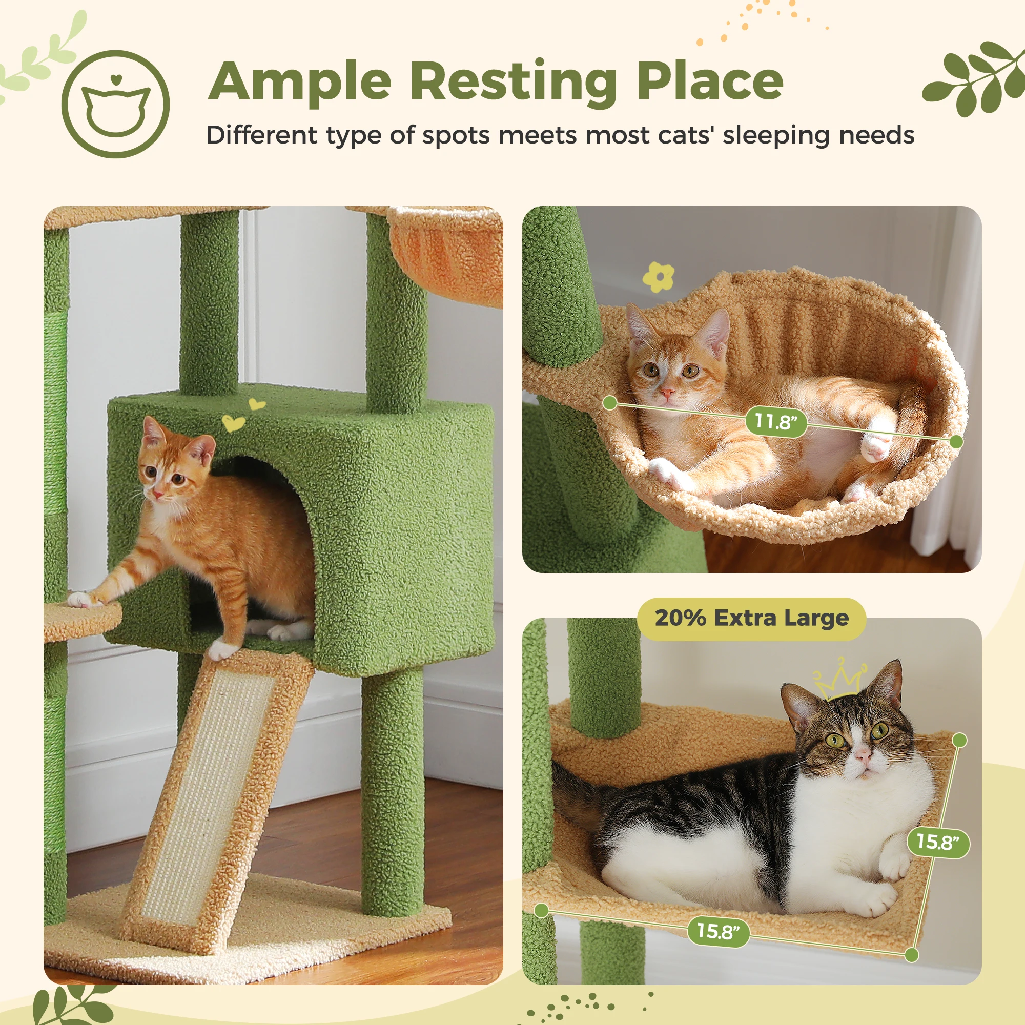Cactus Cat Tree Floor to Ceiling Cat Tower Adjustable Height with Cat Condo Cozy Hammock and Scratching Post Tall Activity Tree - Image 3